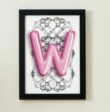 Loveable W Anchor Framed artwork. Blueprinted Anchors overlayed behind a helium style balloon, pink letter W. 